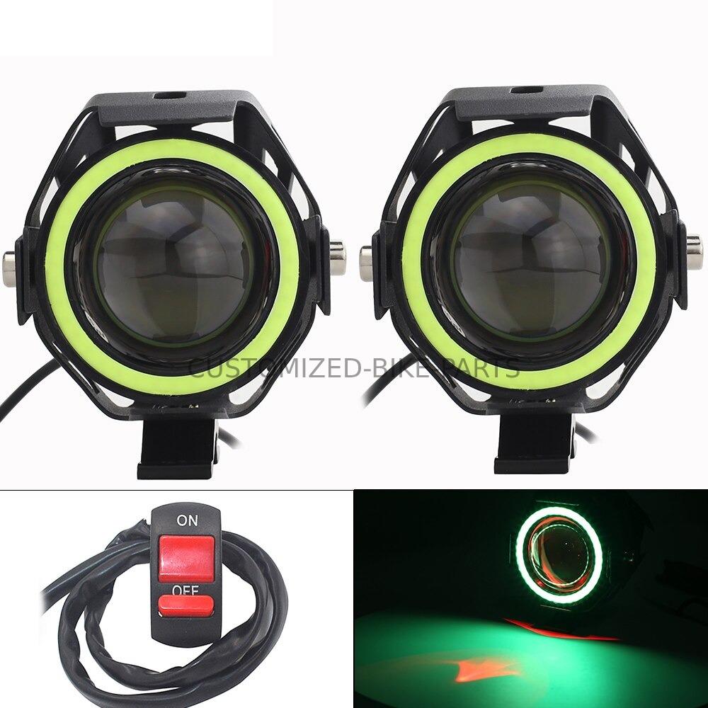 2x 125W U7 LED Motorcycle Angel Eyes Headlight Spotlight Auxiliary Lights Green